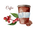 Paper glass of coffee, beans and Arabica berries. Watercolor hand drawn illustration Royalty Free Stock Photo