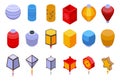 Paper glowing lantern icons set isometric vector. Floating light fire