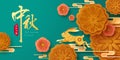 Paper graphic of Mid Autumn Mooncake Festival theme with oriental flower and cute rabbit. Translation - title Mid Autumn