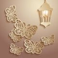 Paper graphics Illustration of lace butterflies flying to the light of a lantern. Royalty Free Stock Photo