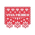 Paper greeting card with cut out flowers, geometric shapes and text Viva Mexico. Papel Picado.