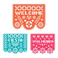 Paper greeting card with cut out flowers, shapes and text. Papel Picado vector template .