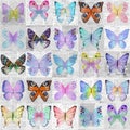 Paper grunge newsprint patchwork seamless pattern with colorful watercolor butterflies