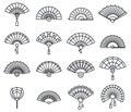 Paper handheld fan icons set, outline style