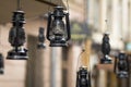Old fashioned vintage kerosene oil lantern lamp hanging on the street background in Lviv, city style decoration Royalty Free Stock Photo