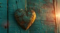 Paper heart hanging on string against turquoise wooden background for Valentines day Royalty Free Stock Photo