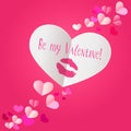 Paper heart with lipstick kiss print on dark pink background. be Royalty Free Stock Photo