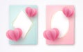 Paper heart on a pink blue luxury background Empty card with golden luxury frame Set Heart element a love symbol for the design