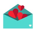 Paper hearts in envelope. Romantic love letter. St Valentine`s day icon, symbol