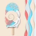 Paper ice cream made of dolphin, sea wave, coral and sea shell.