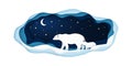 Paper illustration with polar bears going at night on the north pole.