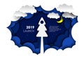 Paper illustration of a rocket in the form of a Christmas tree. Paper-cut style. New year and Christmas Royalty Free Stock Photo