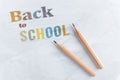 Paper with inscription word BACK TO SCHOOL near wooden pencil Royalty Free Stock Photo