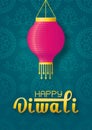 Paper lantern on green background rangoli. Vertical banner happy diwali lettering with paper lamp