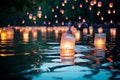 Paper lanterns float on dark water. Traditional Floating Lantern Festival, Memorial Day. Generative AI illustration