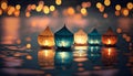 Paper lanterns float on water. Floating Lantern Festival, Memorial Day. Generative AI