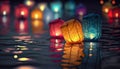 Paper lanterns float on water. Floating Lantern Festival, Memorial Day. Generative AI