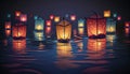 Paper lanterns float on water. Floating Lantern Festival, Memorial Day. Generative AI