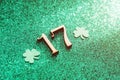 A paper leaf of clover and the number 17 on a shiny green background. Background for St. Patrick`s day Royalty Free Stock Photo