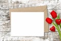 Paper letter card mockup red hearts tulip flowers