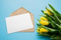 Paper letter envelope postcard, yellow tulips. Copy space