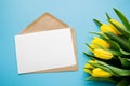 Paper letter envelope postcard, yellow tulips. Copy space