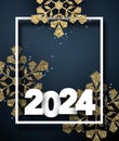 2024 paper lettering with white frame on golden detailed snowflakes. New Year banner with copy space Royalty Free Stock Photo
