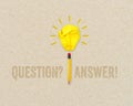 Paper light bulb and pencil with faq question and answer - frage und antwort on brown recycled paper background