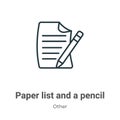 Paper list and a pencil outline vector icon. Thin line black paper list and a pencil icon, flat vector simple element illustration Royalty Free Stock Photo