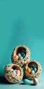 Paper Mache Three Easter Egg Straw Nest on Turquoise Background And Copy Space For Easter Day Concept