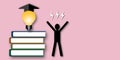 Paper man with light bulb wearing graduation cap and books on pink background. Concept for studying. Royalty Free Stock Photo