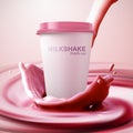 Paper milkshake cup mockup with fruity red crown splash and swirling background