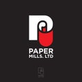 Paper Mills logo. P monogram like paper roll. Envelope, letterhead, letter, and business card.