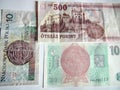 Paper money of the countries of the world. Eastern European banknotes: Hungarian forints, Czech kroner and Polish zloty.