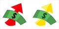 Paper money on golden or red up arrow background. Finance and growth concept. Economic deposits flat illustration.