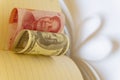 The paper money of US dollar and RMB forms the heart shape.