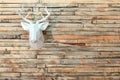 Paper moose head hanging on the wall with a view of the wooden boards. Copy space.