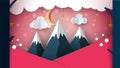 Paper mountain - cartoon landscape. Cloud, moon, mountain, tree.