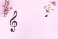 Paper musical clef, notes, hearts and dried flowers on a pink background. Top view