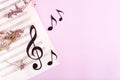 Paper musical clef and paper notes on a sheet of music and dry flowers. Top view Royalty Free Stock Photo