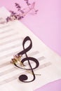 Paper musical clef on a sheet of music and dried flowers. Vertical view