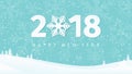 Paper 2018 New Year numbers on the minimal winter landscape background with snowflake silhouettes, trees and falling snow.