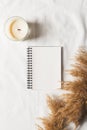 Paper note, list, goals on white texture background with papmpas grass and candle