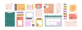 Paper notes, blank notebook pages, stickers, torn notepad sheets, tapes, lists, tags and schedule. Planning stationery