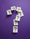 Paper notes with question marks on Violet background, flat lay. Space for text Royalty Free Stock Photo