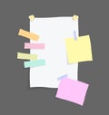 Paper notes stickers. Place for memo messages on paper sheets. Attached with sticky colorful tape on grey background Royalty Free Stock Photo