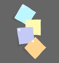 Paper notes stickers. Place for memo messages on paper sheets. Attached with sticky colorful tape on grey background