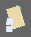 Paper notes stickers. Place for memo messages on paper sheets. Attached with sticky colorful tape on grey background Royalty Free Stock Photo