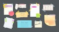 Paper notes on stickers, reminders notepads, memo messages torn paper sheets attached with transparent tape. Office torn pieces Royalty Free Stock Photo