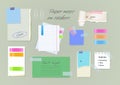 Paper notes on stickers, reminders notepads, memo messages torn paper sheets attached with transparent tape. Office torn pieces Royalty Free Stock Photo